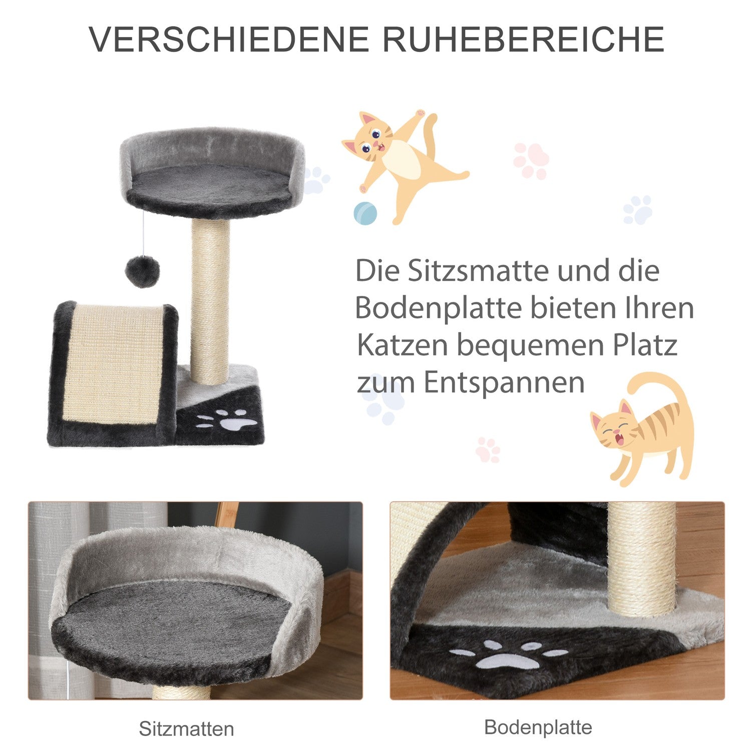 Grå kattträd med sisalstänger & lekbollar - 35,5x37x46cm