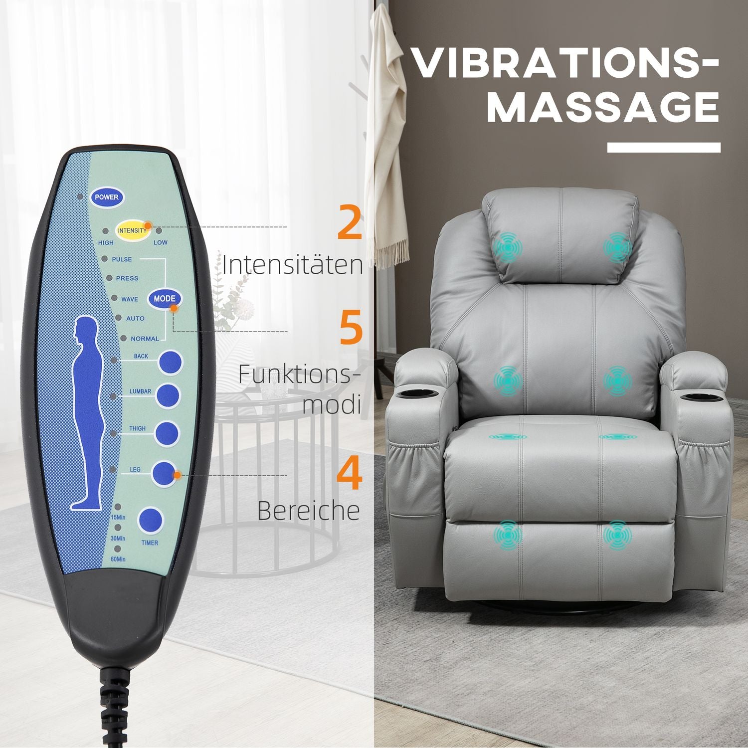 Grå massagestol i konstläder – Fåtölj med fjärrkontroll och vippfunktion