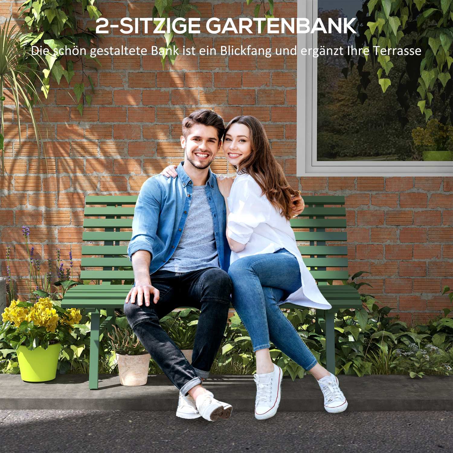 Grön aluminium parkbänk – 2-sits med ryggstöd