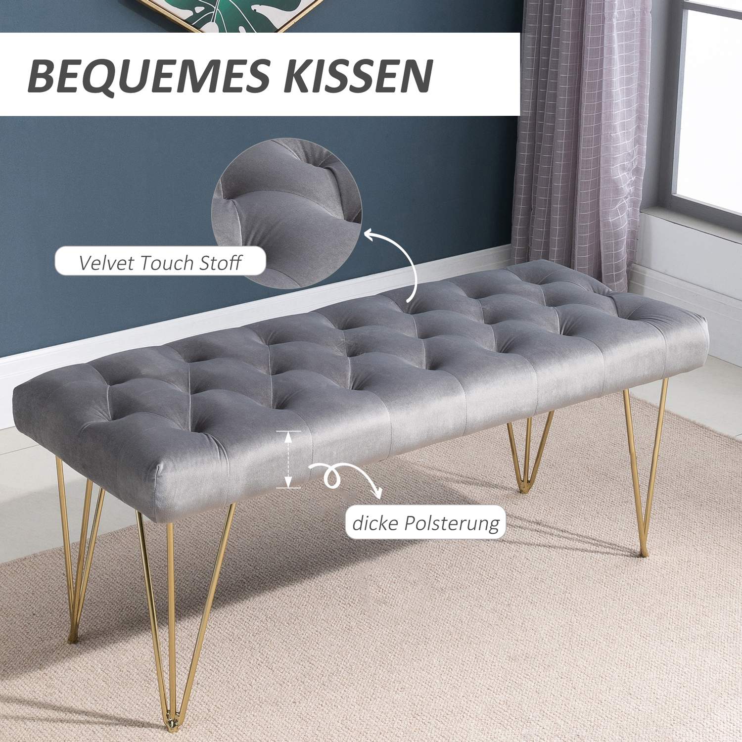 Grå sammetsskobänk – 116x44,5x49 cm, förvaring i entré