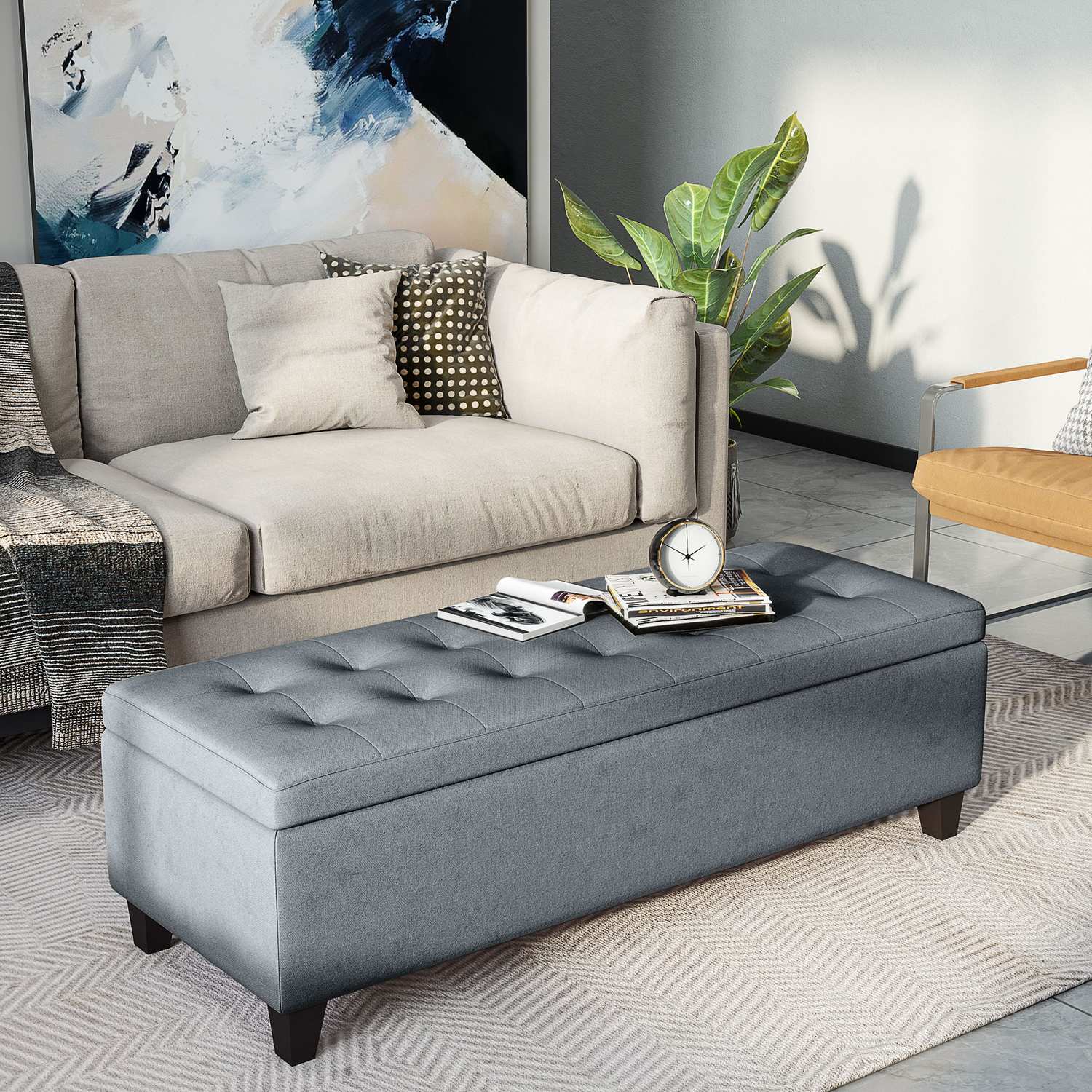 Grå stoppad förvaringsbänk – Linnelook Bed & Living Room