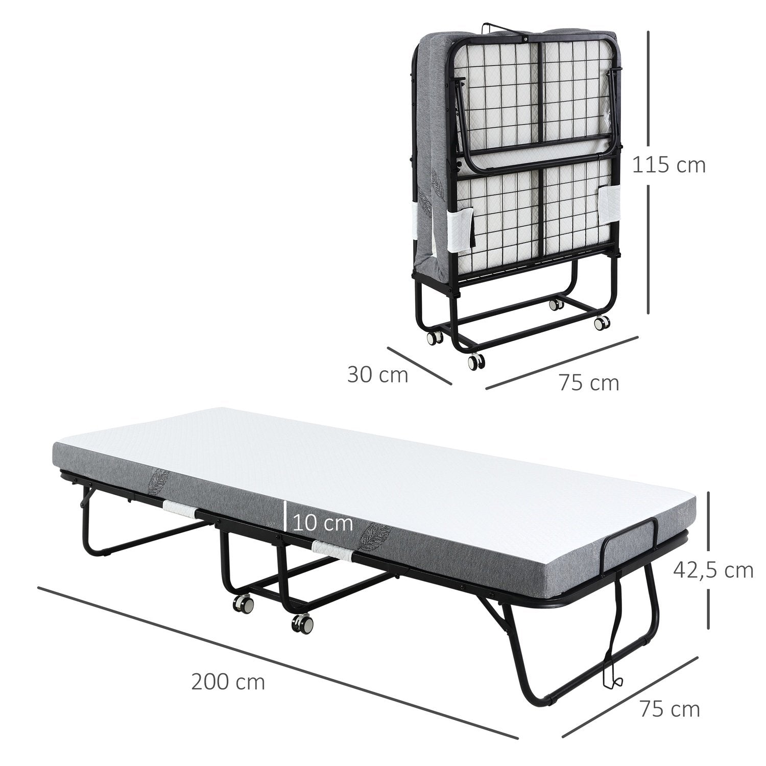 Gästsäng Hopfällbar Säng Med Hjul, Stål + Skum, Vit + Svart, 200X75X42,5Cm