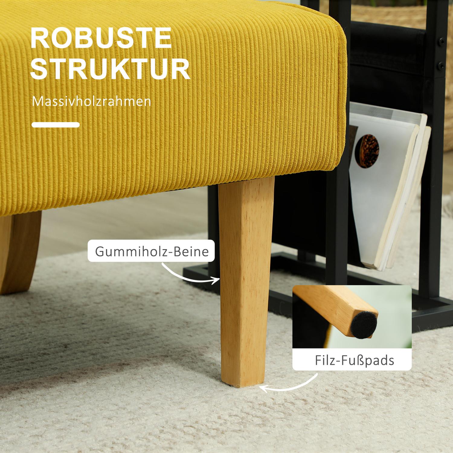 Gul 2-sits manchesterlooksoffa, träben, vadderad