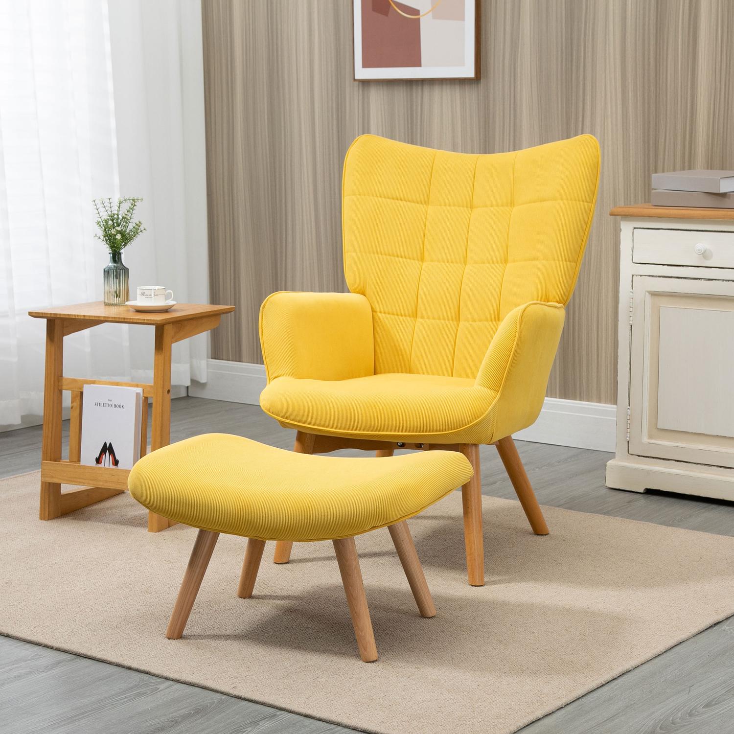 Gul Corduroy Wing Chair med pall – Wooden Legs Fåtölj