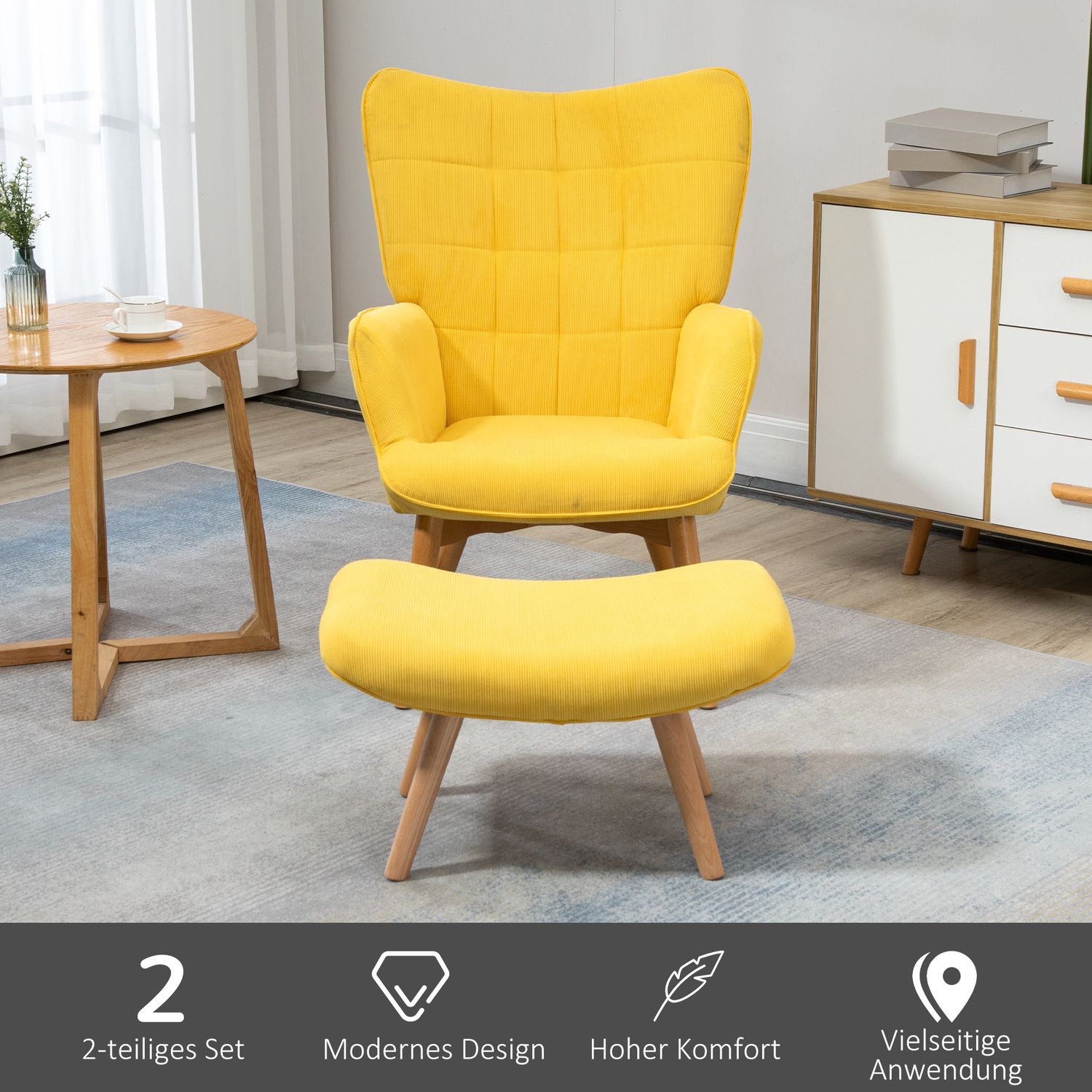 Gul Corduroy Wing Chair med pall – Wooden Legs Fåtölj