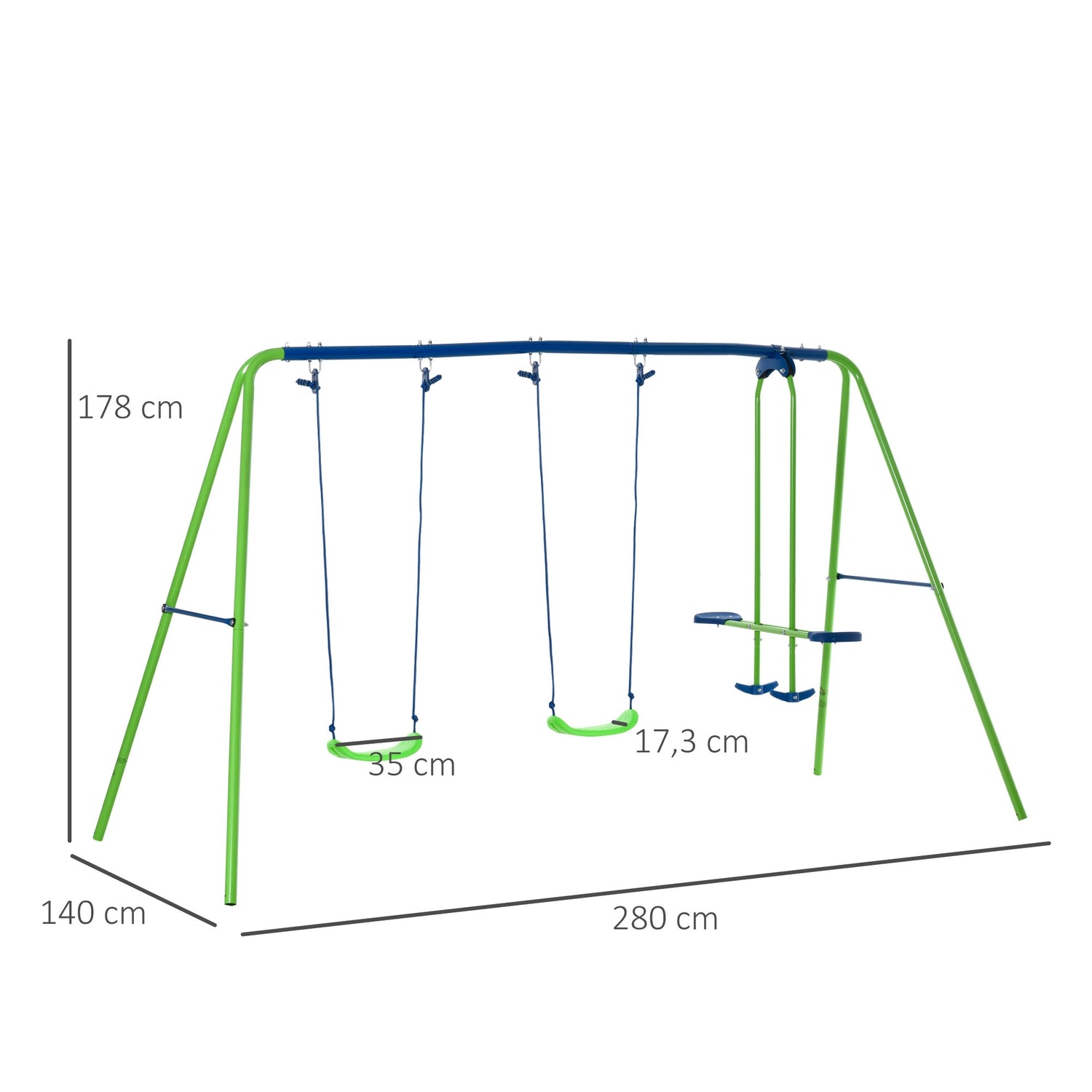Gungsats med 2 gungor och säte ansikte mot ansikte – metallstruktur, korrosionsbeständig