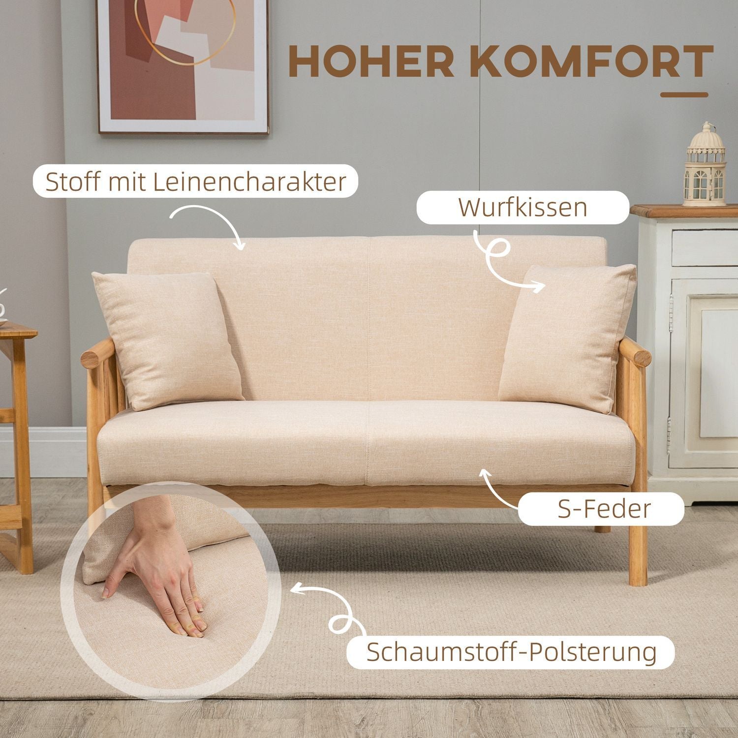 2-Sits Soffa Soffa 2 Svankkuddar Vadderade Trästomme Linnelook Dubbelsoffa Smårum Beige