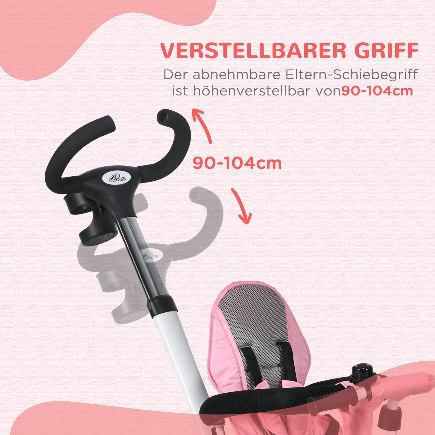 2-I-1 Trehjuling Push Bar Barns Trehjuling Säkerhetsbälte Fällbart Soltak Dryckeshållare Korg Pedal 1-5 År Rosa