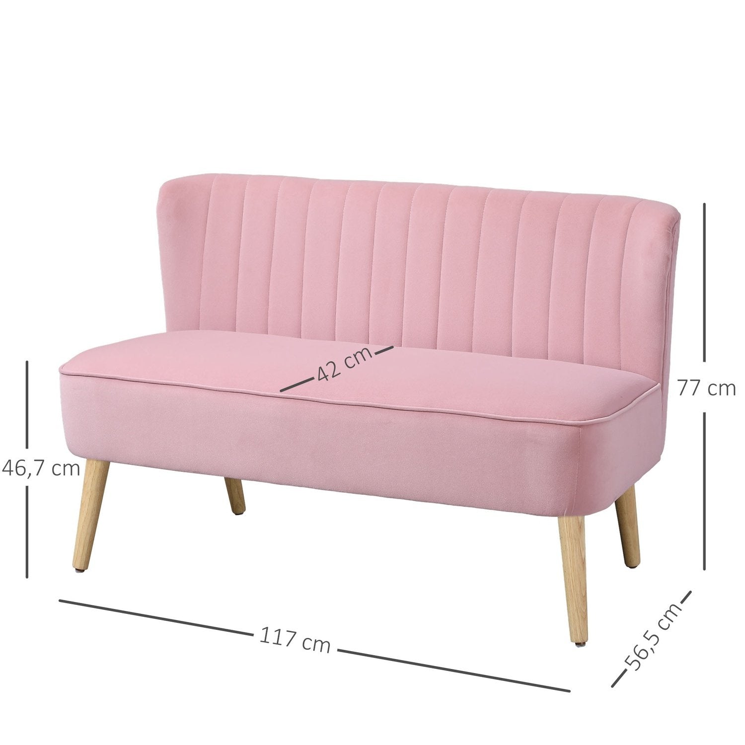 2-Sits Tygsoffa, Stoppad Soffa, Dubbelsoffa, Sittmöbler, Loungesoffa, Trä, Skum, Sammetsliknande Polyester, Rosa, 117 X 56,5 X 77 Cm