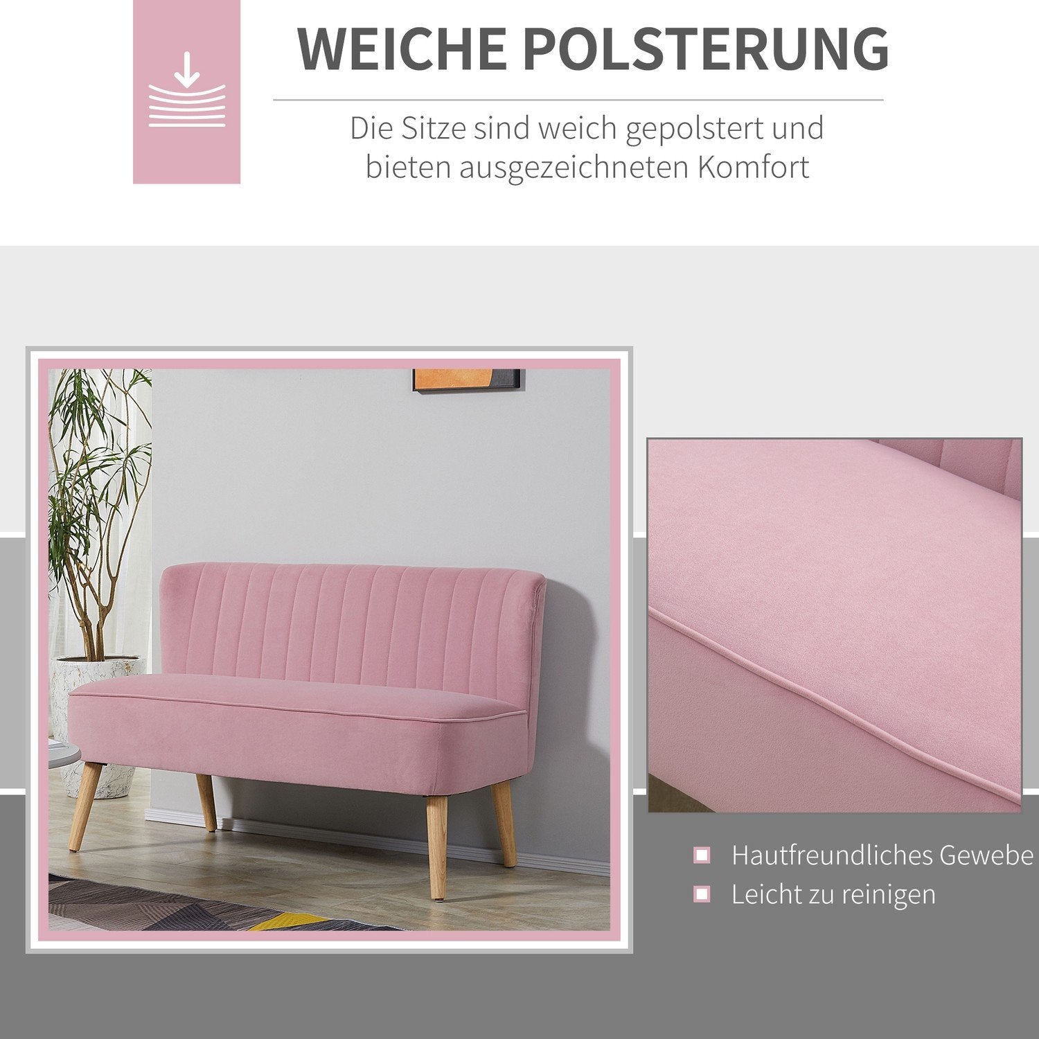 2-Sits Tygsoffa, Stoppad Soffa, Dubbelsoffa, Sittmöbler, Loungesoffa, Trä, Skum, Sammetsliknande Polyester, Rosa, 117 X 56,5 X 77 Cm