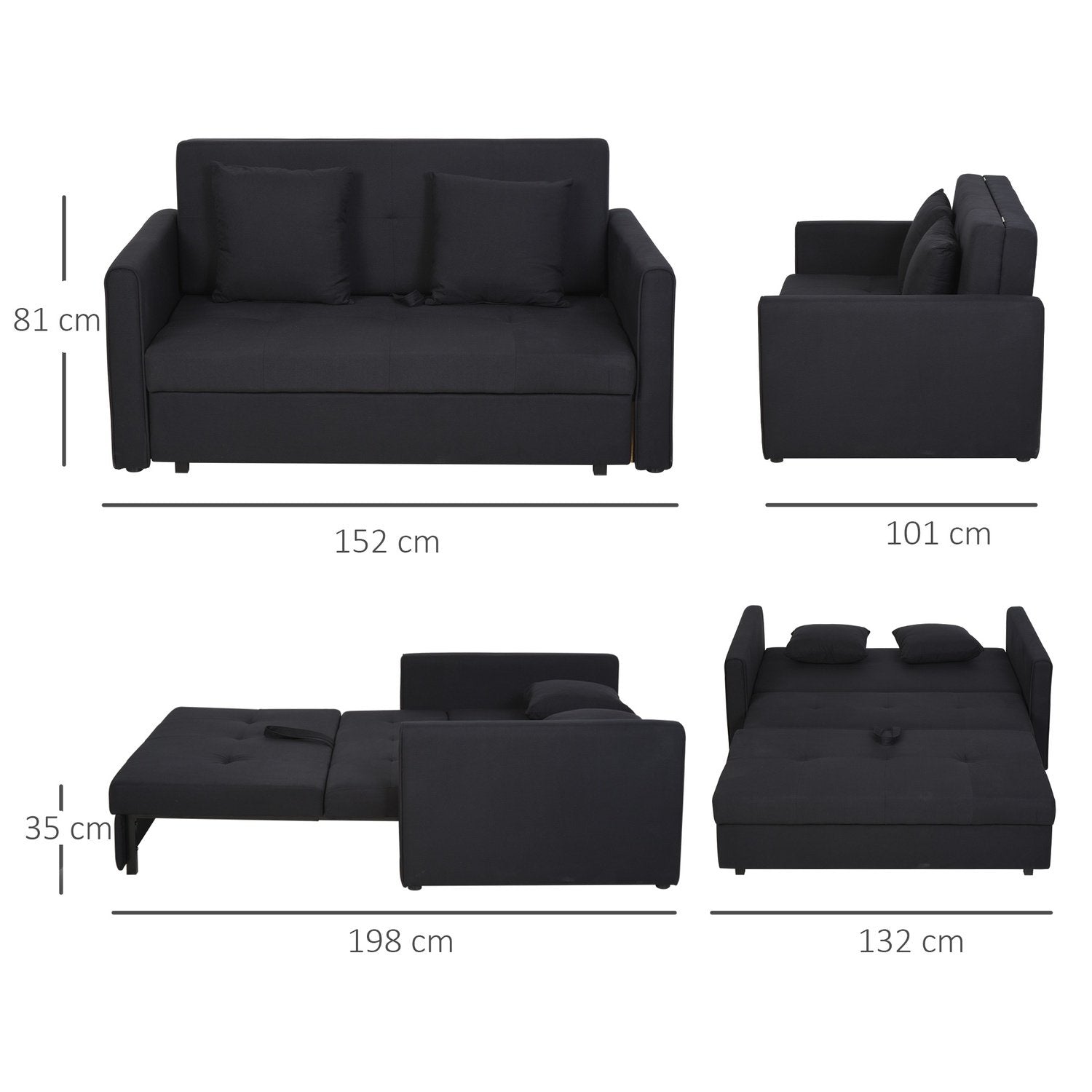 2-Sits Bäddsoffa Med Sängfunktion & Förvaringsutrymme, Ryggkudde, Polycotton, Trä, Kolgrå, 152X101X81Cm