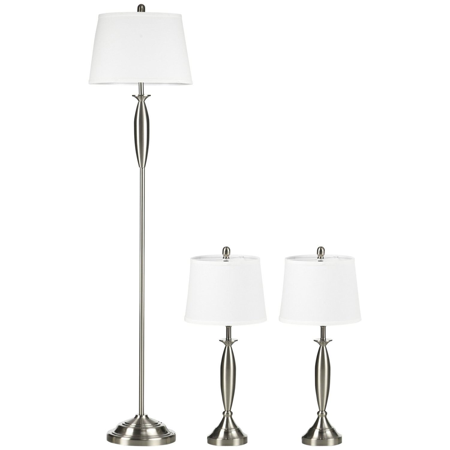 3 St. Lampsats Golvlampa 2 Bordslampor E27 Vardagsrum Sovrum Silver + Vit