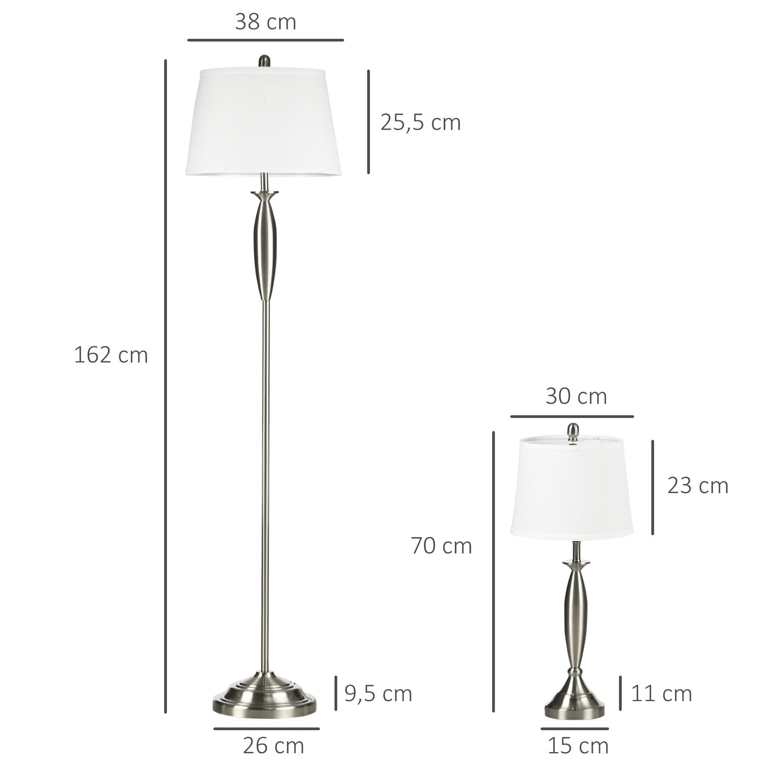 3 St. Lampsats Golvlampa 2 Bordslampor E27 Vardagsrum Sovrum Silver + Vit