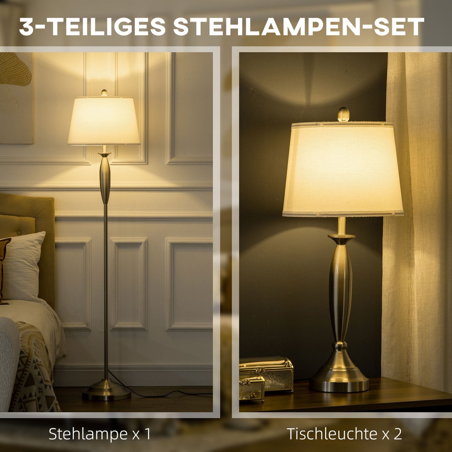 3 St. Lampsats Golvlampa 2 Bordslampor E27 Vardagsrum Sovrum Silver + Vit