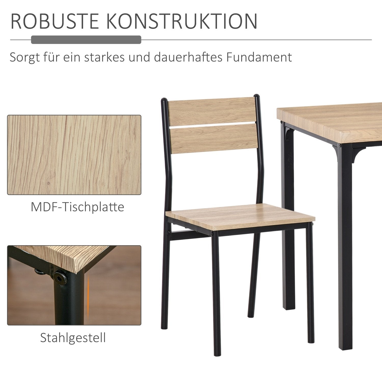 3-Delat Matsalsset Med Träbord Mdf + Metall, Naturligt Trä Ådring + Svart, 1 Bord + 2 Stolar