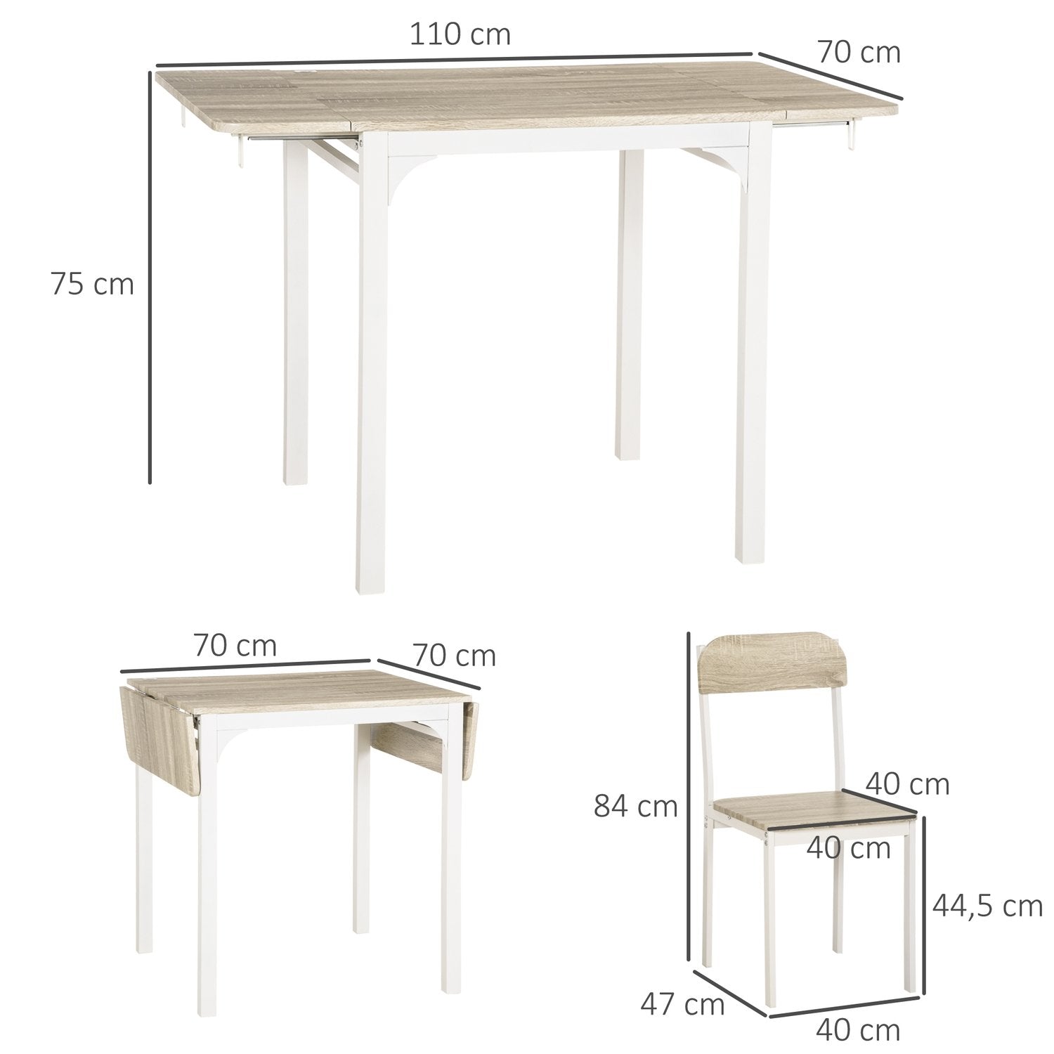 3-Delad Sittgrupp Matgrupp Med 2 Stolar Och 1 Bord Matbordsset Och Hopfällbar Bordsskiva Stål Mdf Natur + Vit 120 X 60 X 75 Cm