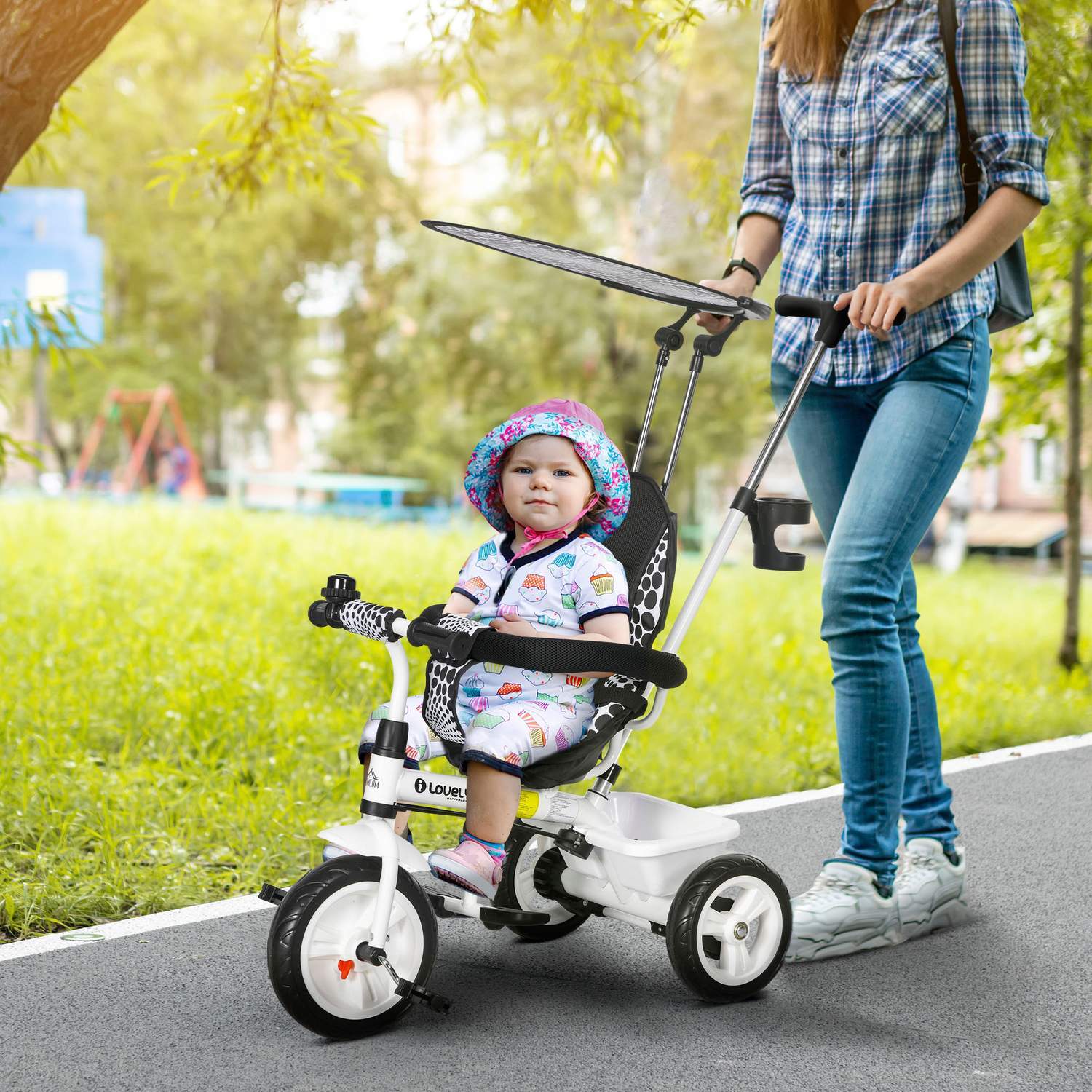 6-I-1 Trehjuling Skjutstång Trehjuling För Barn Avtagbar Solskydd Justerbar Balans Cykelkopphållare Korg 1-5 År Vit