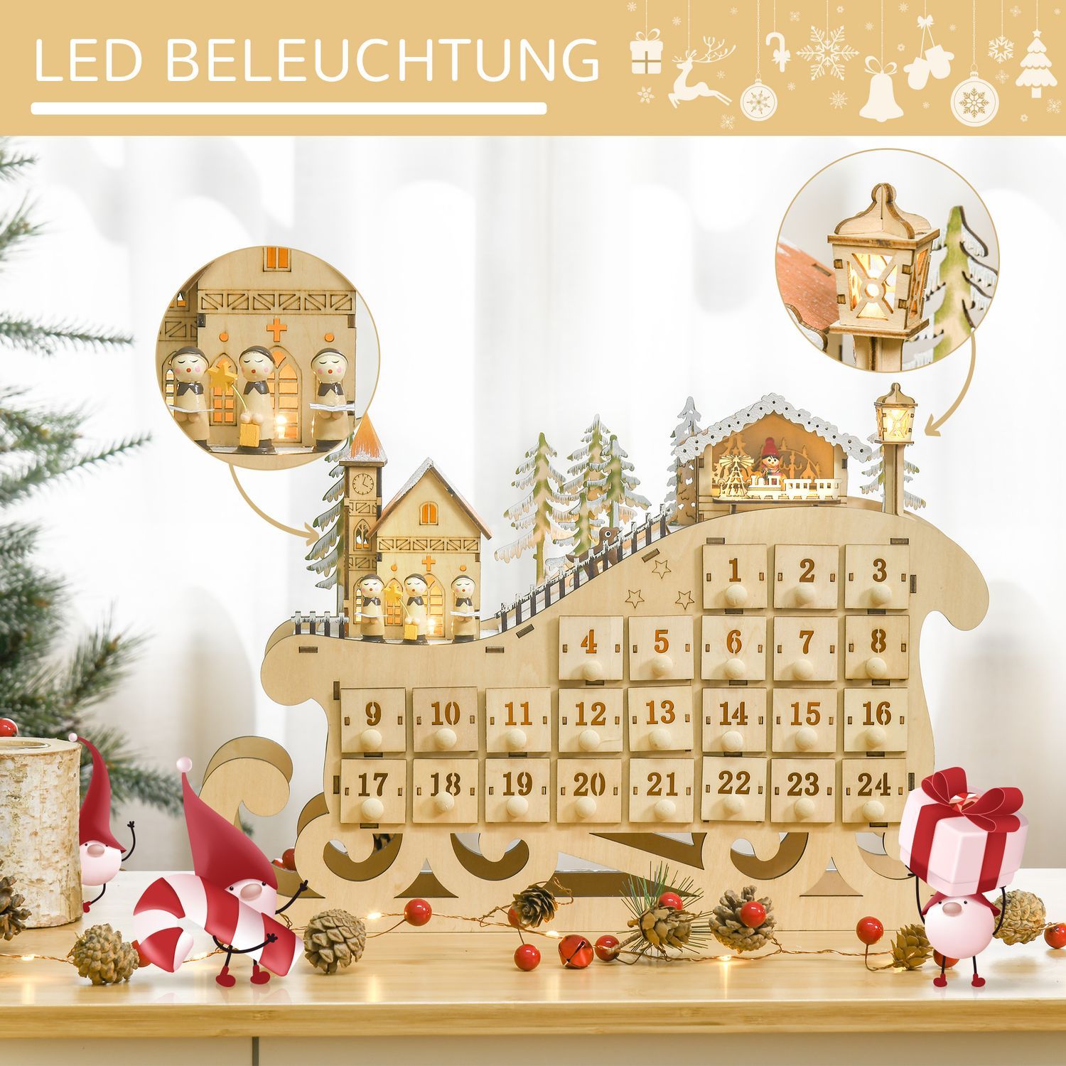 Adventskalender För Att Fylla 24 Lådfack Julkalender Med Led-Ljus Slädeform Juldekoration Gör-Det-Själv 45 X 10 X 31 Cm