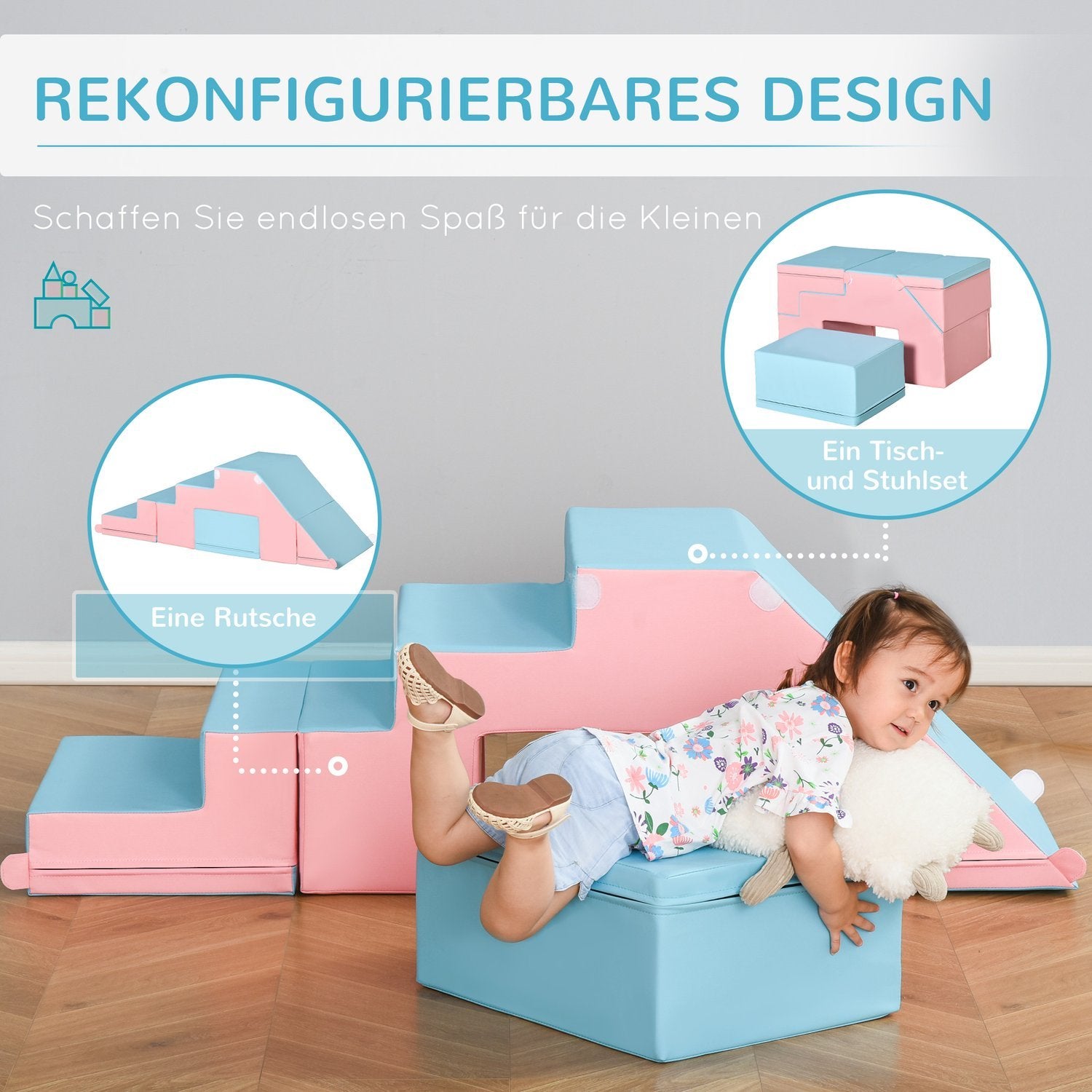 Building Block Set Med 2 Building Blocks Bord Och Stol Set Slide Rekonfigurerbar Design Byggleksak Skumblock 12-36 Månader Epe Rosa + Blå