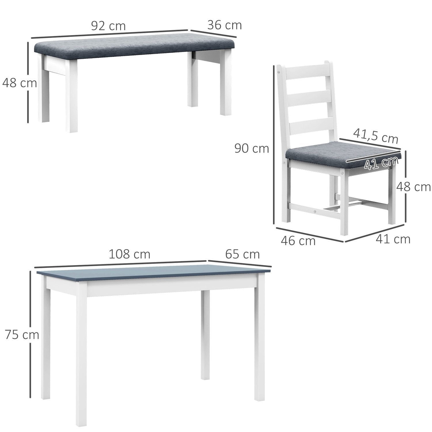 Matbordsset, Matbord Med 2 Vadderade Stolar, Bänk, 4-Delat Matbordsset, Matsalsgrupp Med Linnelook, Furu, Grå, Vit