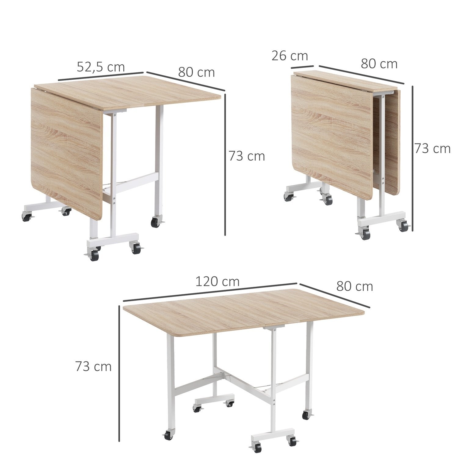 Matbord, Köksbord Med Hjul, Hopfällbart Bord Med Stålstomme, Utbyggbart Matsalsbord För 4-6 Personer, För Kök, Matsal, Ek