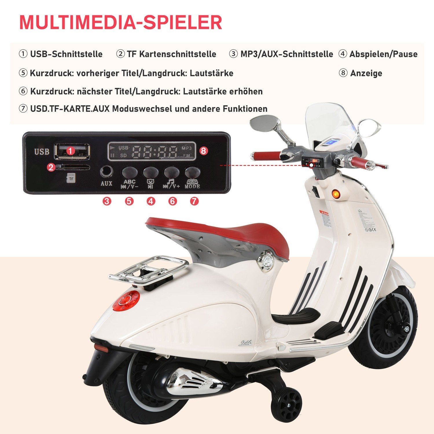 Elektrisk Barnfordon Motorcykel Mp3 Musikbelysning 3-6 År Pp Vit 108X49X75Cm