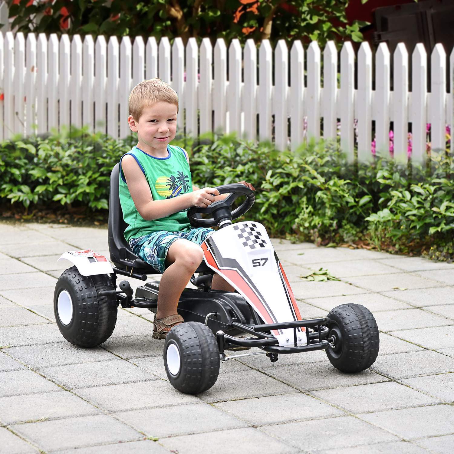 Go Kart För Barn Pedalbil Med Pedal Och Bromsar, Stålkonstruktion, Vit, 104X66X57Cm, För 3-8 År