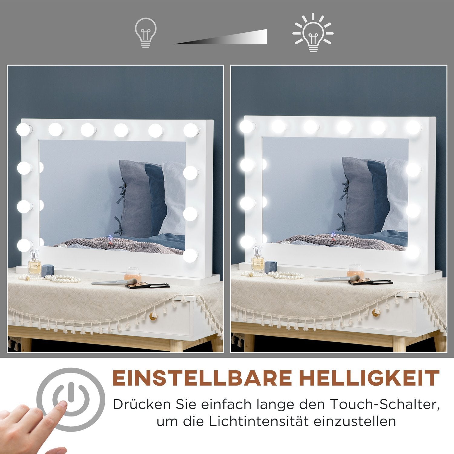 Hollywood-Spegel Med Belysningsknappar, 12 Dimbara Led-Lampor, 80X60Cm, Minnesfunktion, Vit