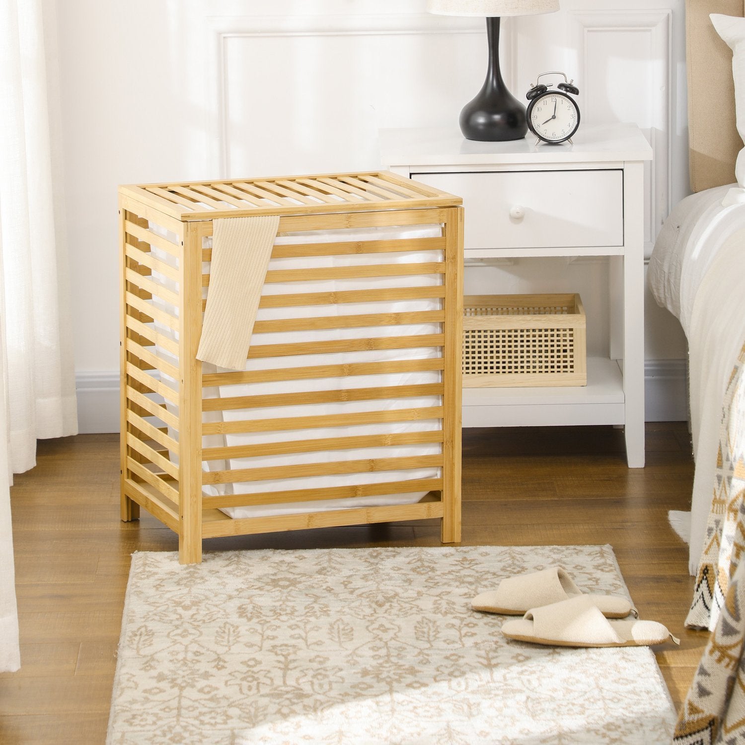 Tvättkorg 55L Bambu Tvättkista Med Lock & Avtagbar Tvättväska För Sovrum, Badrum, Natur, 50X36X60Cm