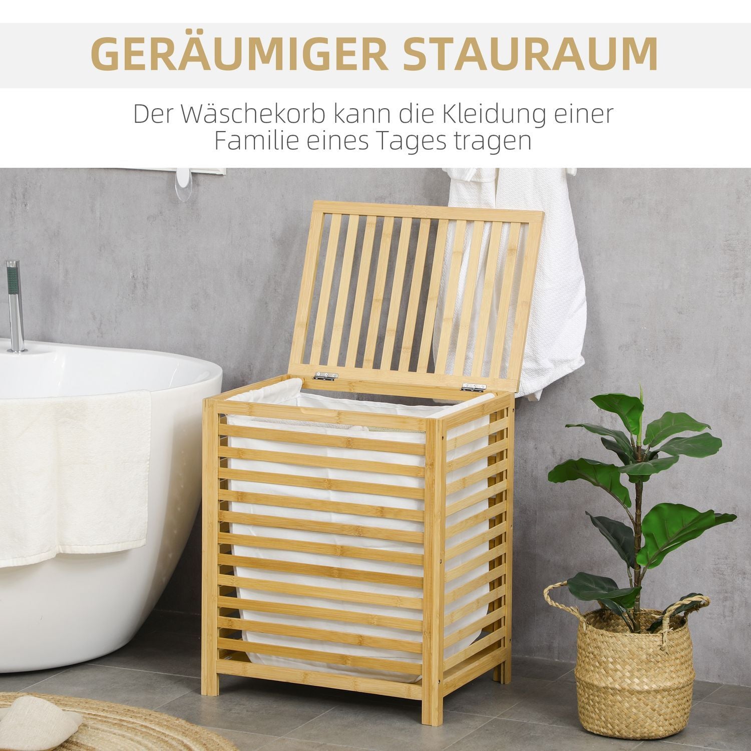 Tvättkorg 55L Bambu Tvättkista Med Lock & Avtagbar Tvättväska För Sovrum, Badrum, Natur, 50X36X60Cm