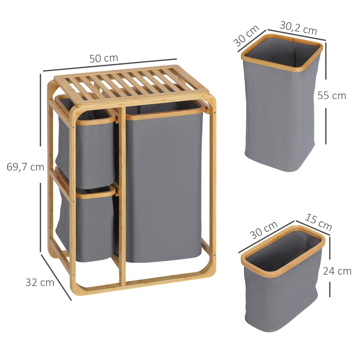 Tvättkorg Med Plattform Bambu Tvättkorg Med 3 Avtagbara Tvättpåsar, Tvättsorterare, Grå+Naturlig, 50X32X69,7Cm