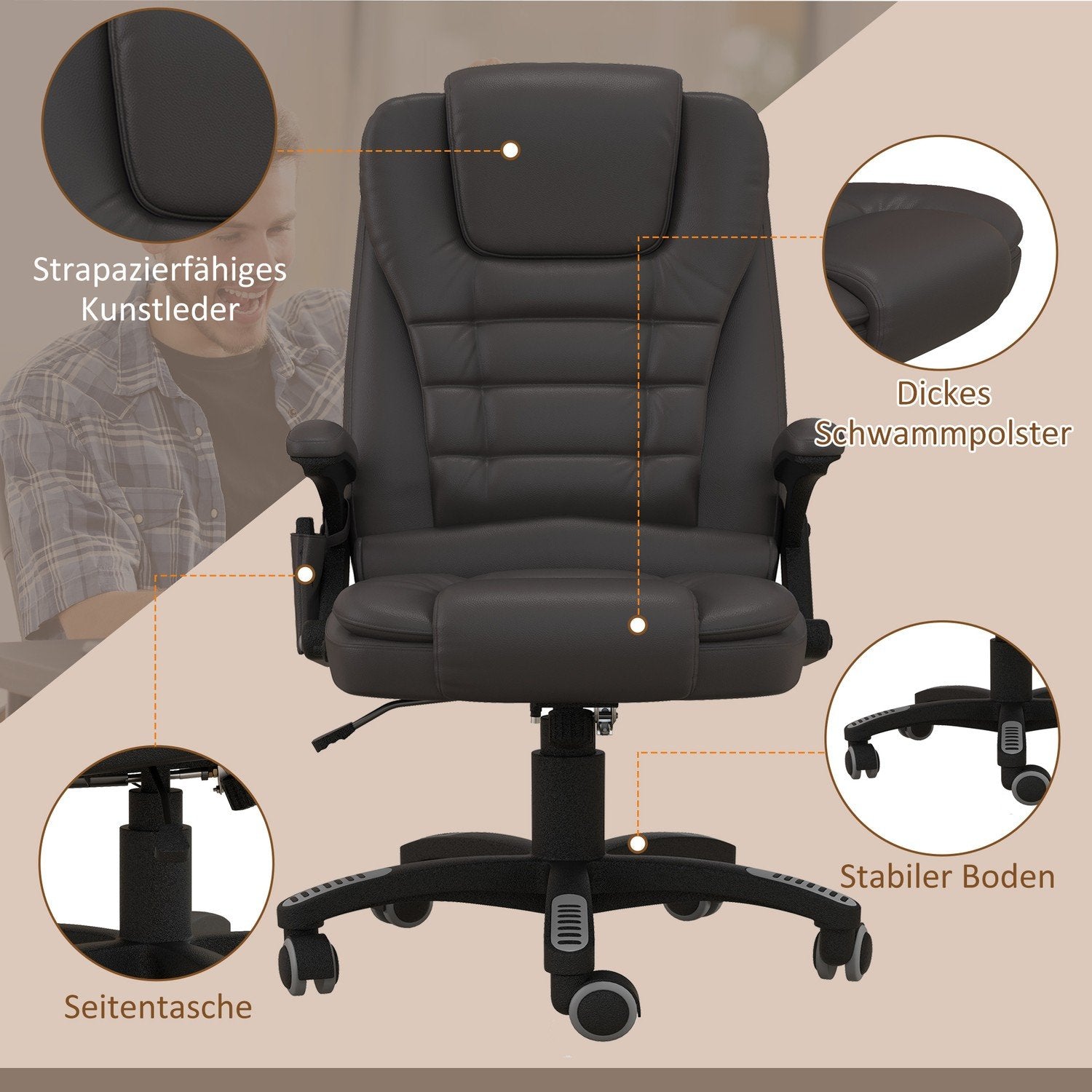 Massagestol Kontorsstol Kontorsstol Executive Chair Gaming Stol 6-Punkts Vibrationsmassage Med Värmefunktion Faux Leather Läderstol Roterbar (Brun)