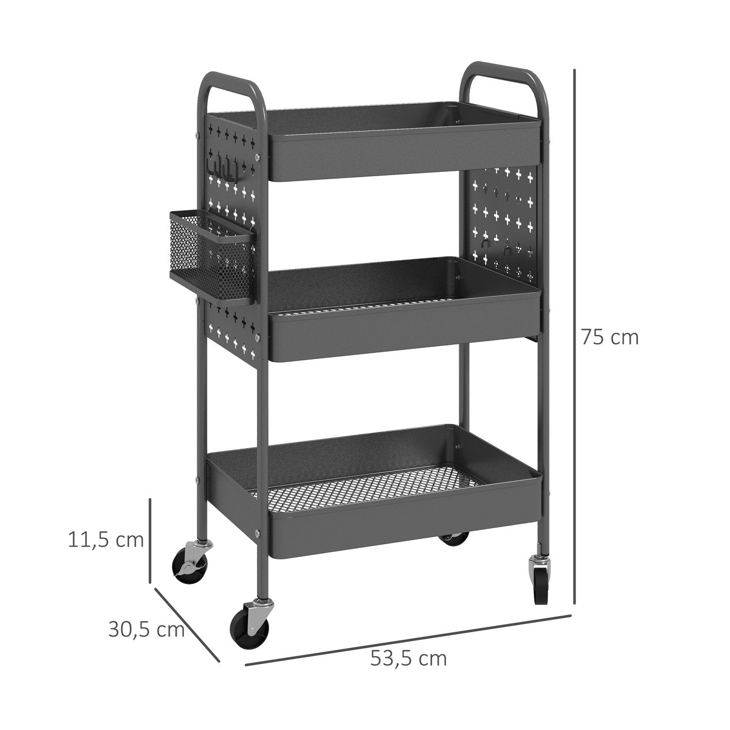 Rullvagn, 3-Vånings Serveringsvagn, 2 Hängande Korgar, Förvaringsvagn Med Handtag, Köksvagn, Sidovagn, Stål, Mörkgrå