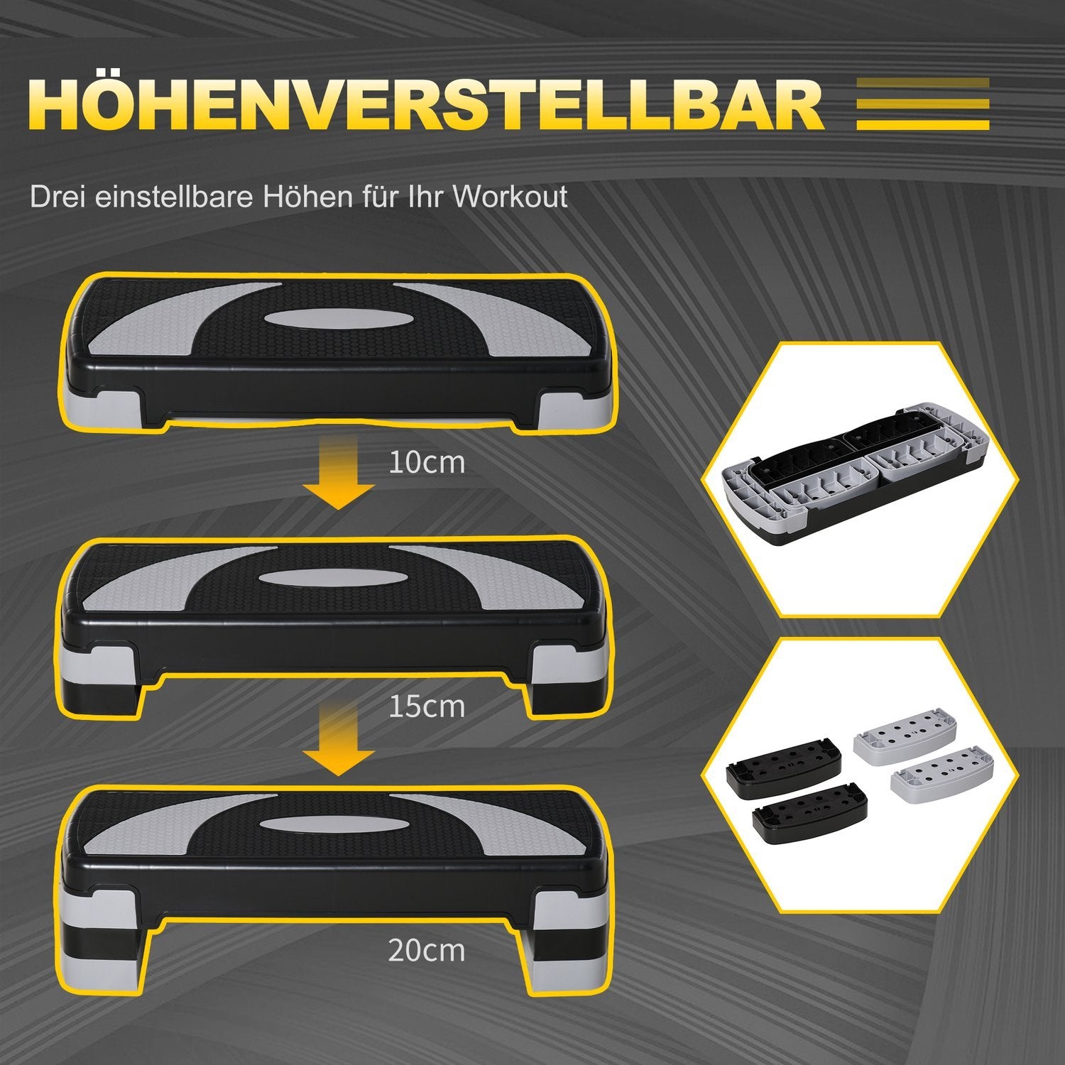 Stepping Board Aerobic Stepper Höjdjusterbar Med 3 Nivåer (10/15/20 Cm), Fitness Motionscykel, Upp Till 150 Kg, 80X31X10-20 Cm