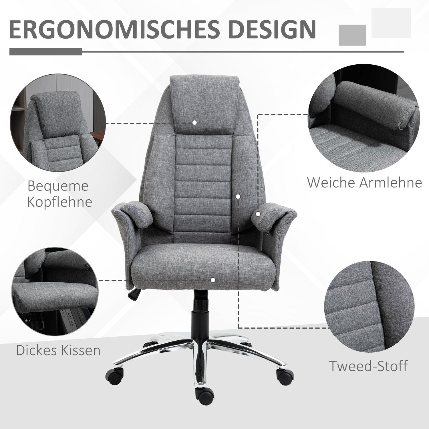 Swivel Chair Executive Chair Kontorsstol Skrivbordsstol Höjdjusterbart Tyg + Metall 68 X 69 X 116-126 Cm (Grå)