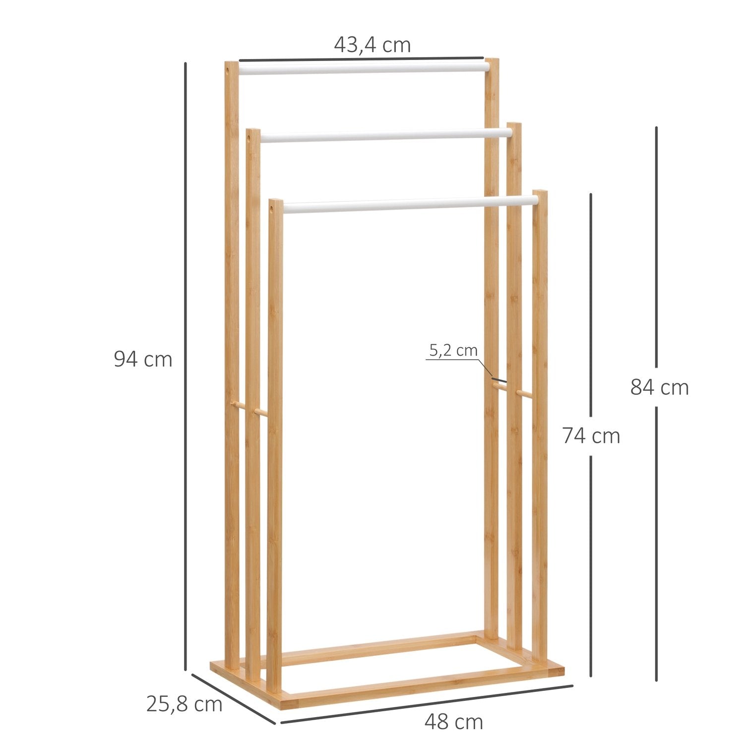 Handduksställ Fristående Handduksställ Med 3 Stänger, Bambu, Natur, 48X25,8X94Cm