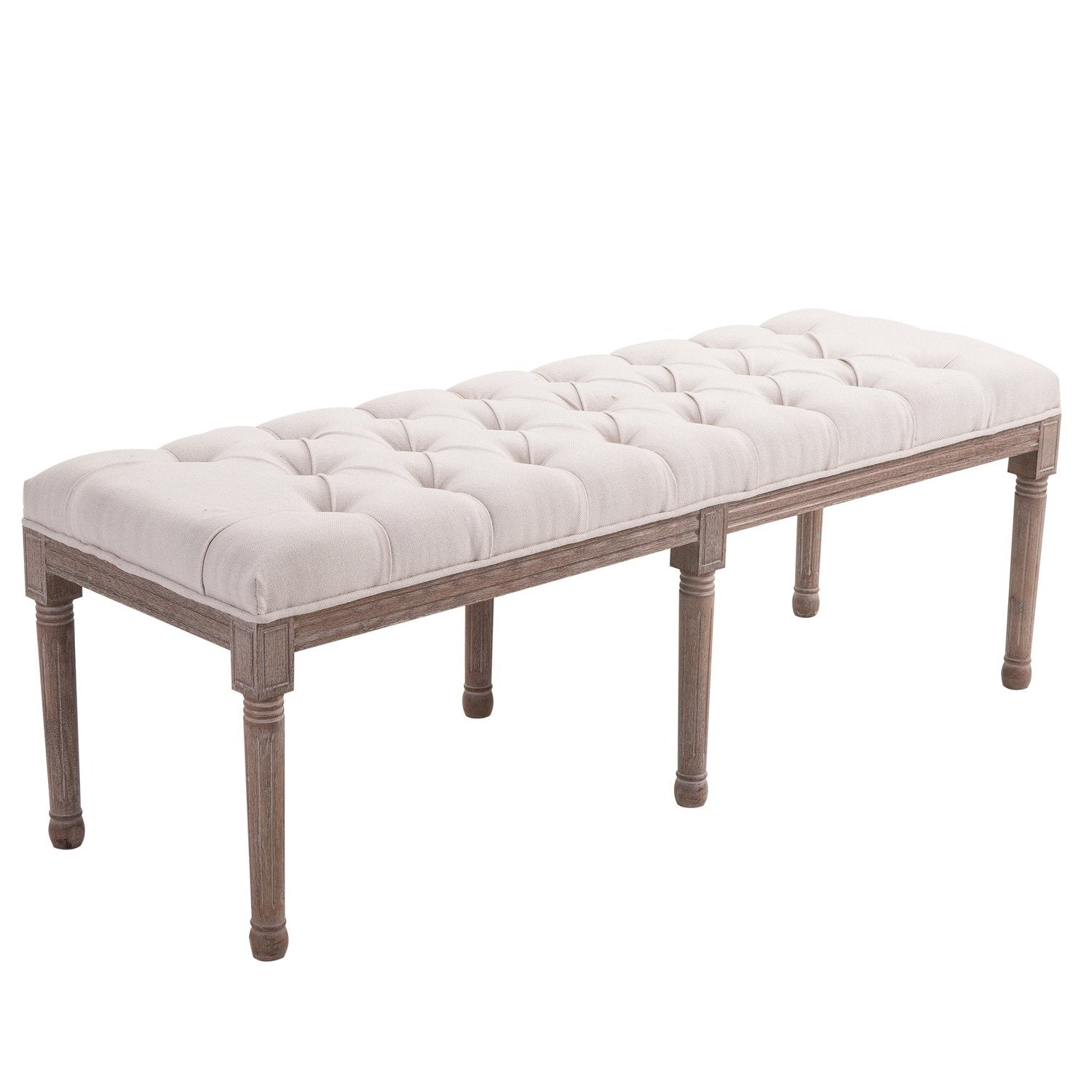 Stoppad Bänk Lounge Pall, Vintage Retro Med Knappar, Linne + Trä, Beige, 142X47X51Cm