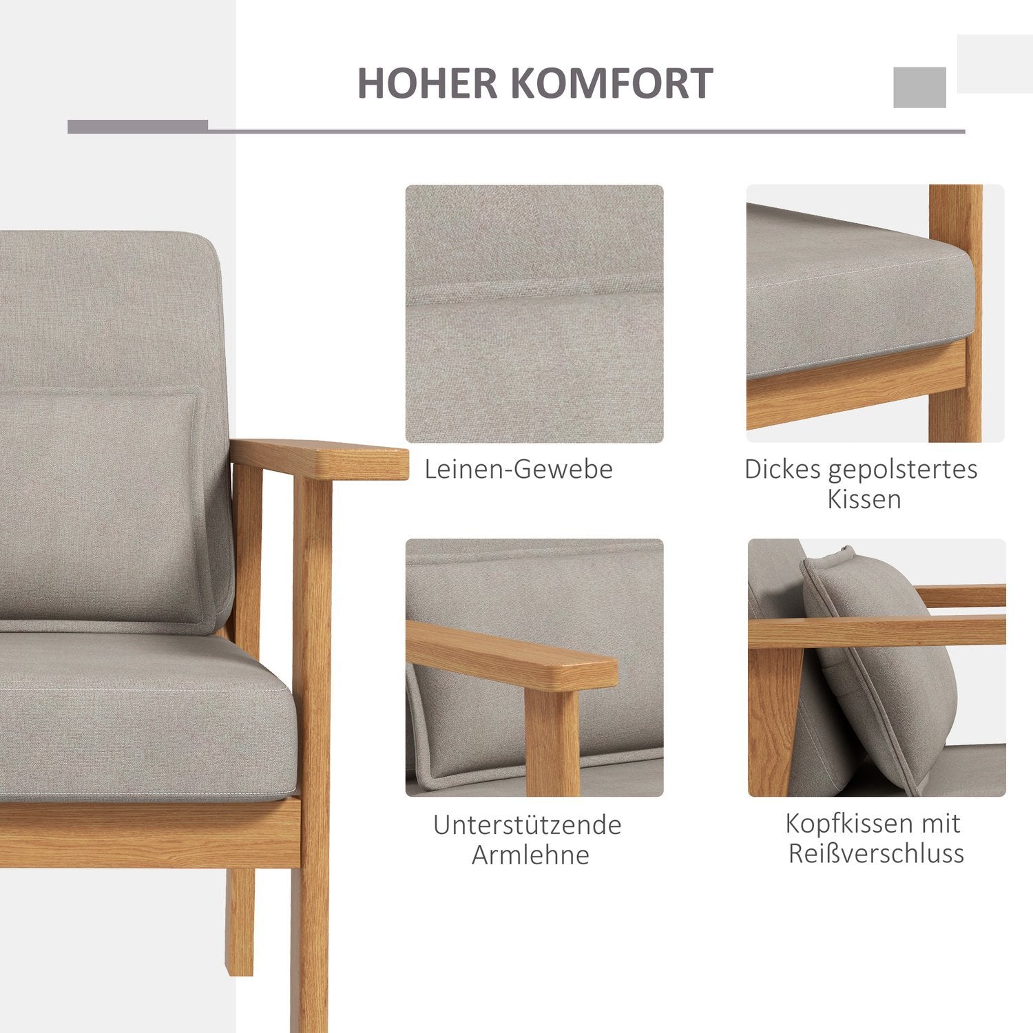 Stoppad Stol Bekväm Accentstol Med Armstöd För Vardagsrum, Sovrum, Träben, Grå, 70X72X76Cm