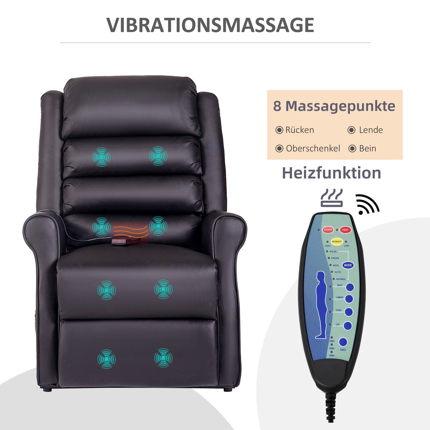 Fåtölj Massagestol Relaxstol Med Ståhjälp Liggfunktion Mugghållare Värmefunktion, Gjord Av Konstläder, Brun