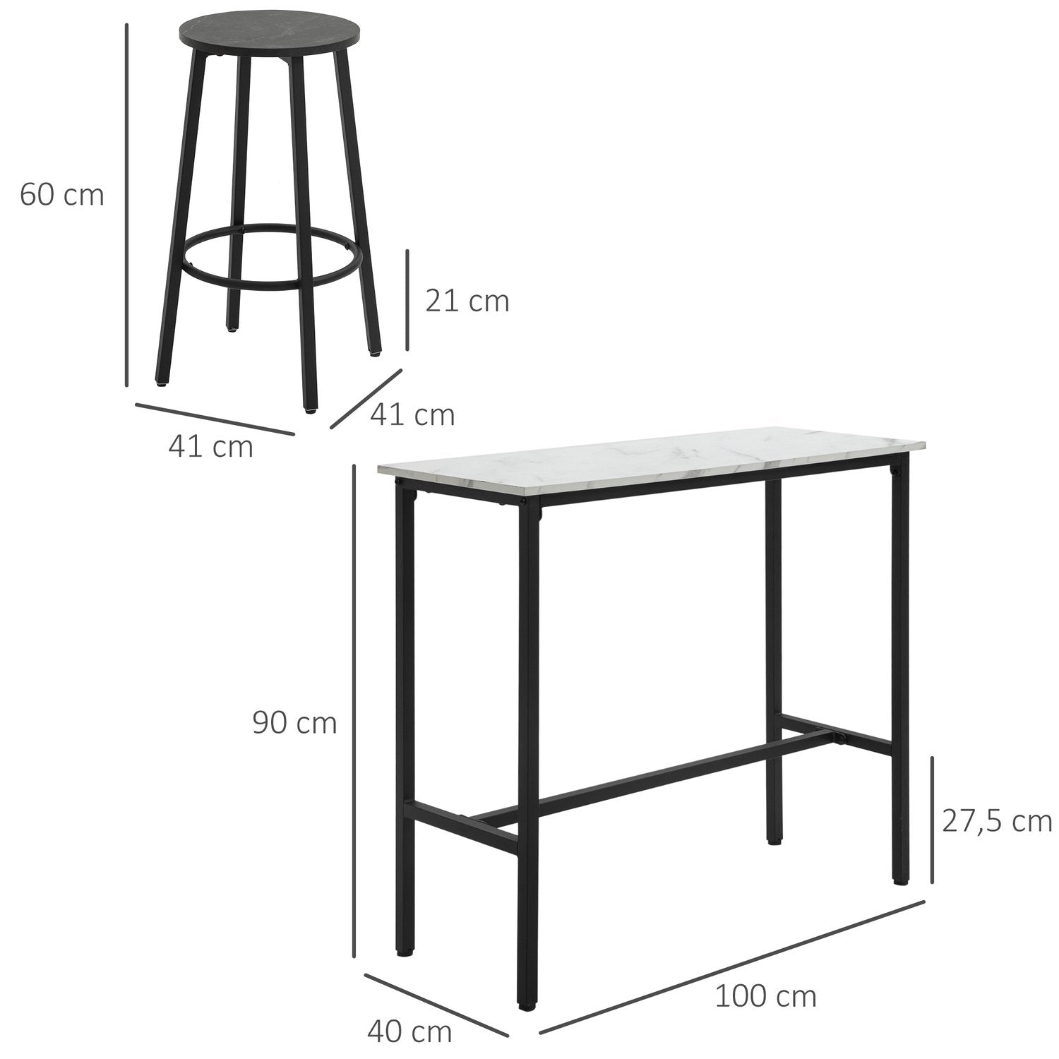 Barbord Med Barstolsset, 3-Delat Barbordsset, Matbord Med 2 Barstolar, Matgrupp, Barbord, Köksbord, Stål, Vit, Svart