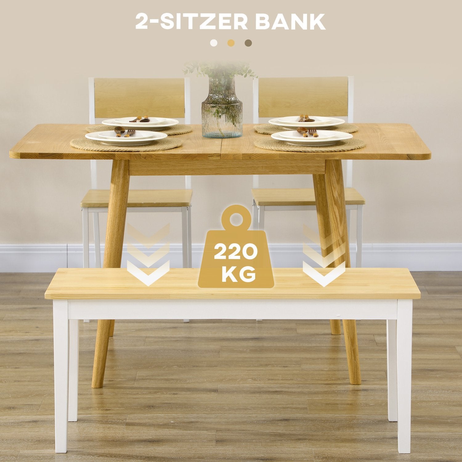 Bänk 2-Sits Matsalsbänk Träbänk, Köksbänk, Vardagsrumsbänk För Kök, Entré, Bärförmåga Upp Till 220 Kg, Furu, Vit, 102 X 36 X 45 Cm