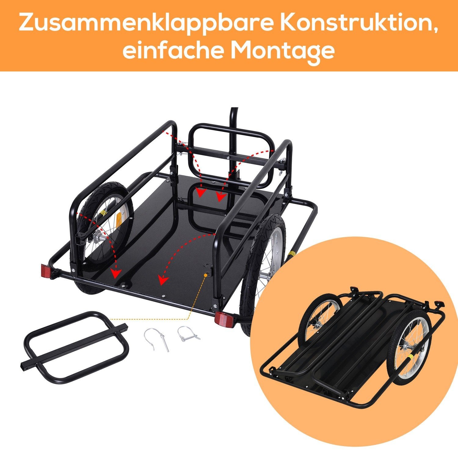 Cykelvagn Lastvagn 40 Kg Lastkapacitet, Transportvagn Med Fällkoppling, Svart, 155X71,5X77Cm