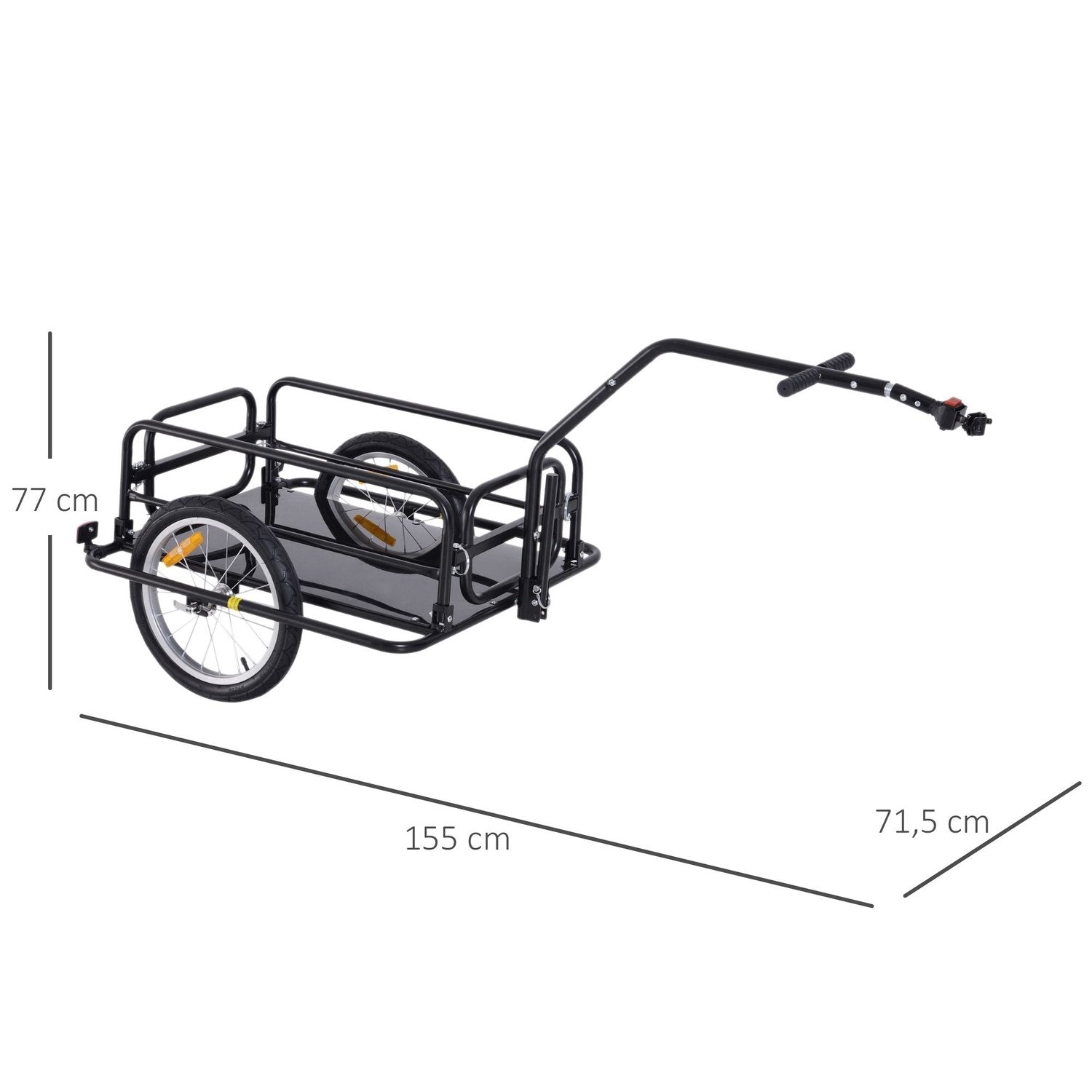 Cykelvagn Lastvagn 40 Kg Lastkapacitet, Transportvagn Med Fällkoppling, Svart, 155X71,5X77Cm