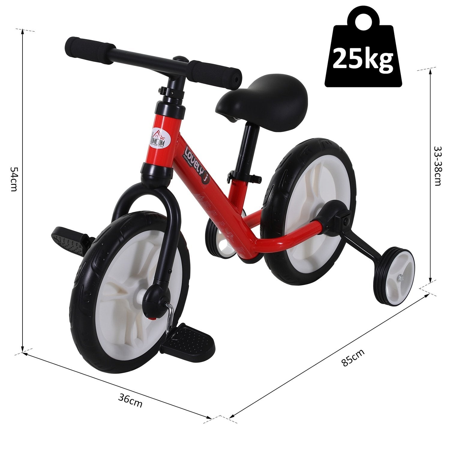 Barncykel Balanscykel Med Träningshjul Och Pedaler, 2-5 År, Sitshöjd Justerbar, Pp, Röd