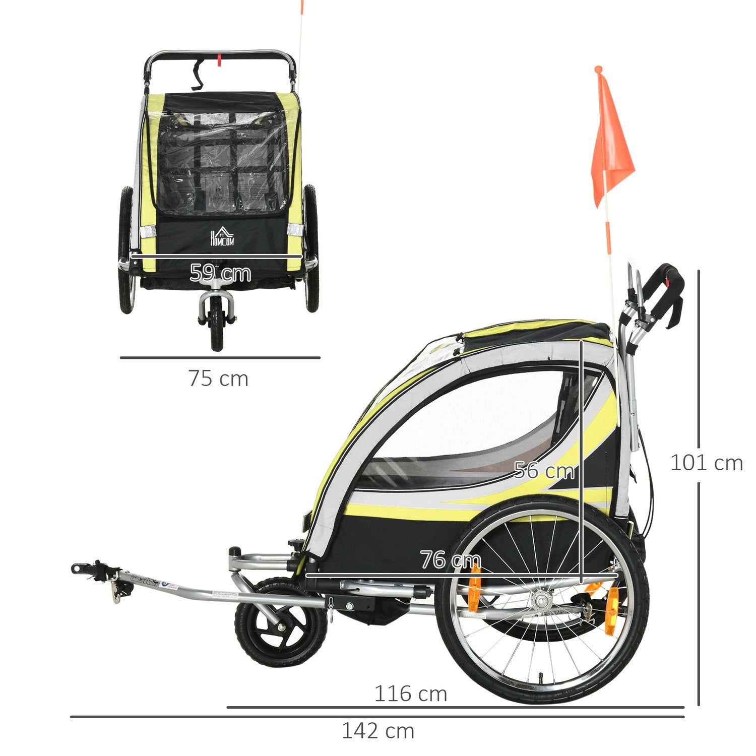 Barncykelvagn 2 I 1 Fjädring, Nätdörr, 360° Roterande Framhjul, Broms, Gul+Svart, 142X75X101Cm