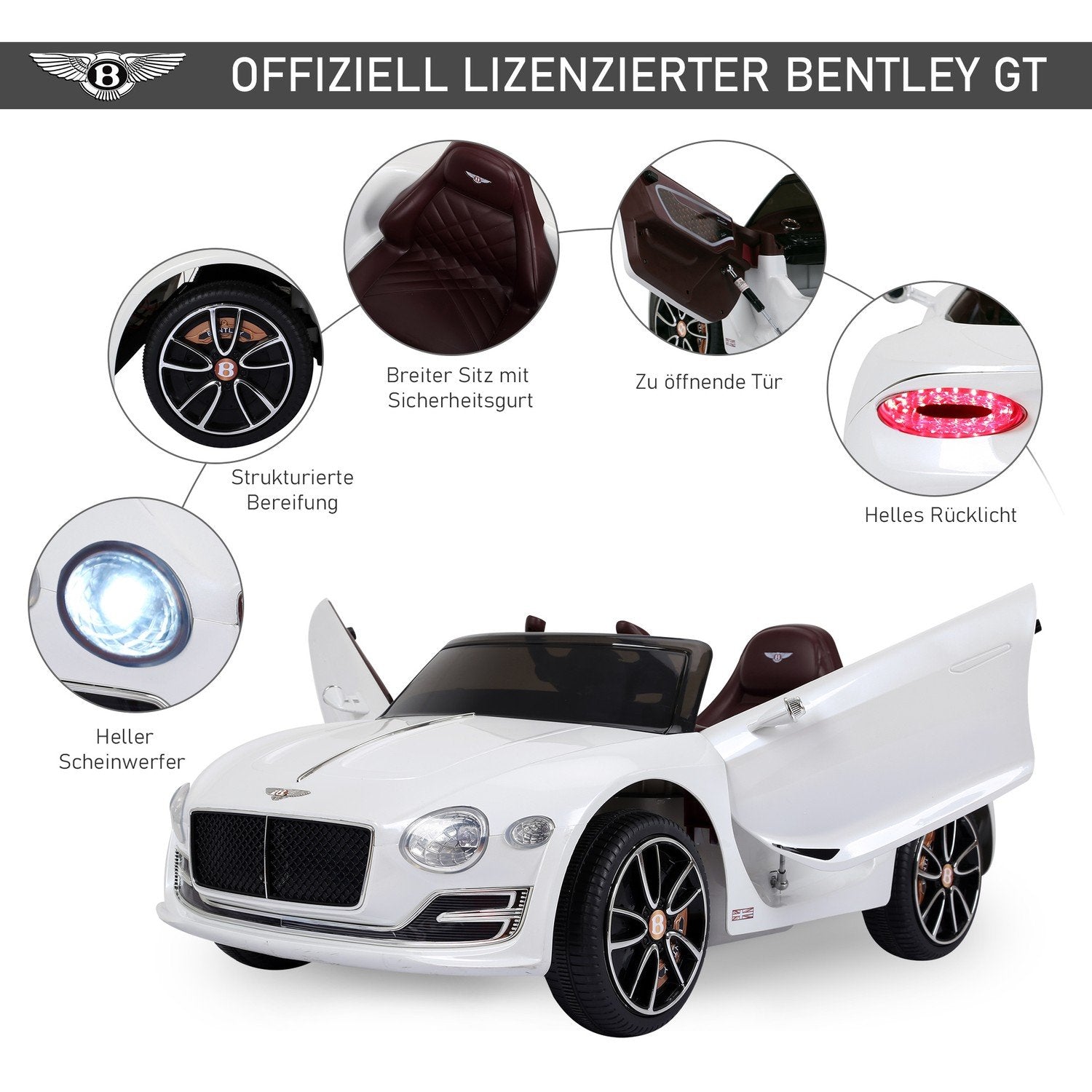 Barnbil Barnfordon Elbil Bentley Gt Licensierad Med Fjärrkontroll 2 X 390 Motorer Vit 108 X 60 X 43 Cm