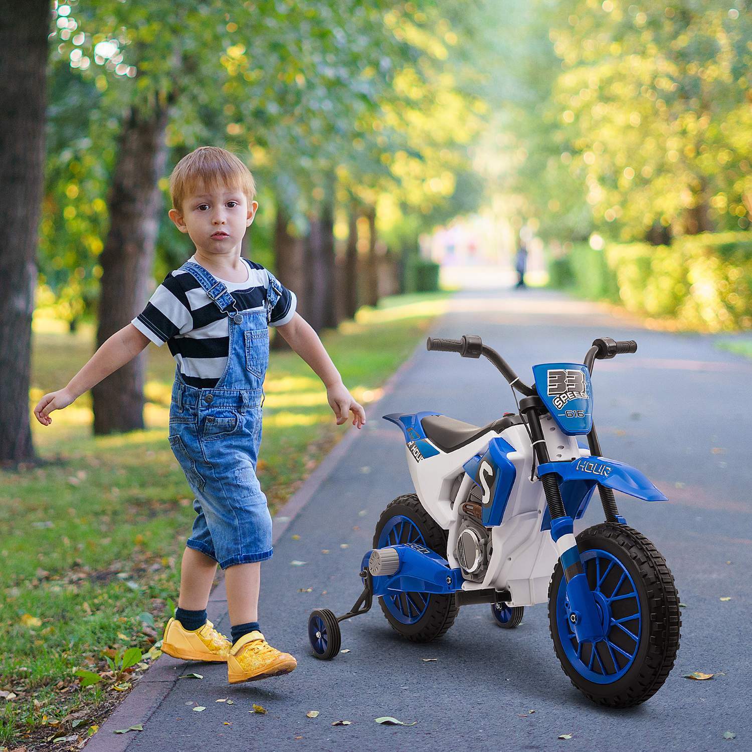 Elmotorcykel För Barn 12V, Med 2 Avtagbara Stödhjul, Från 3 År, Pp Metall, Blå + Vit