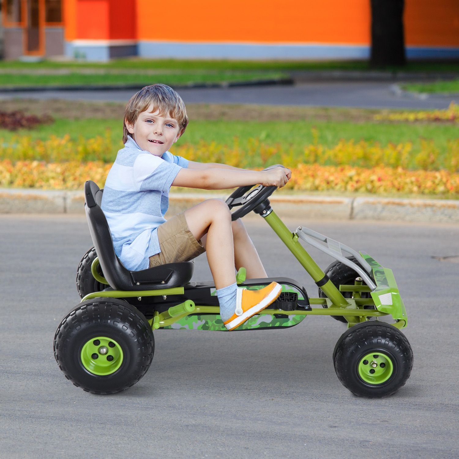 Barns Gokart Pedalbil Barnfordon Med Justerbar Sätespedalfordon Med Handbroms Från 3 År Grön 95 X 66,5 X 57Cm