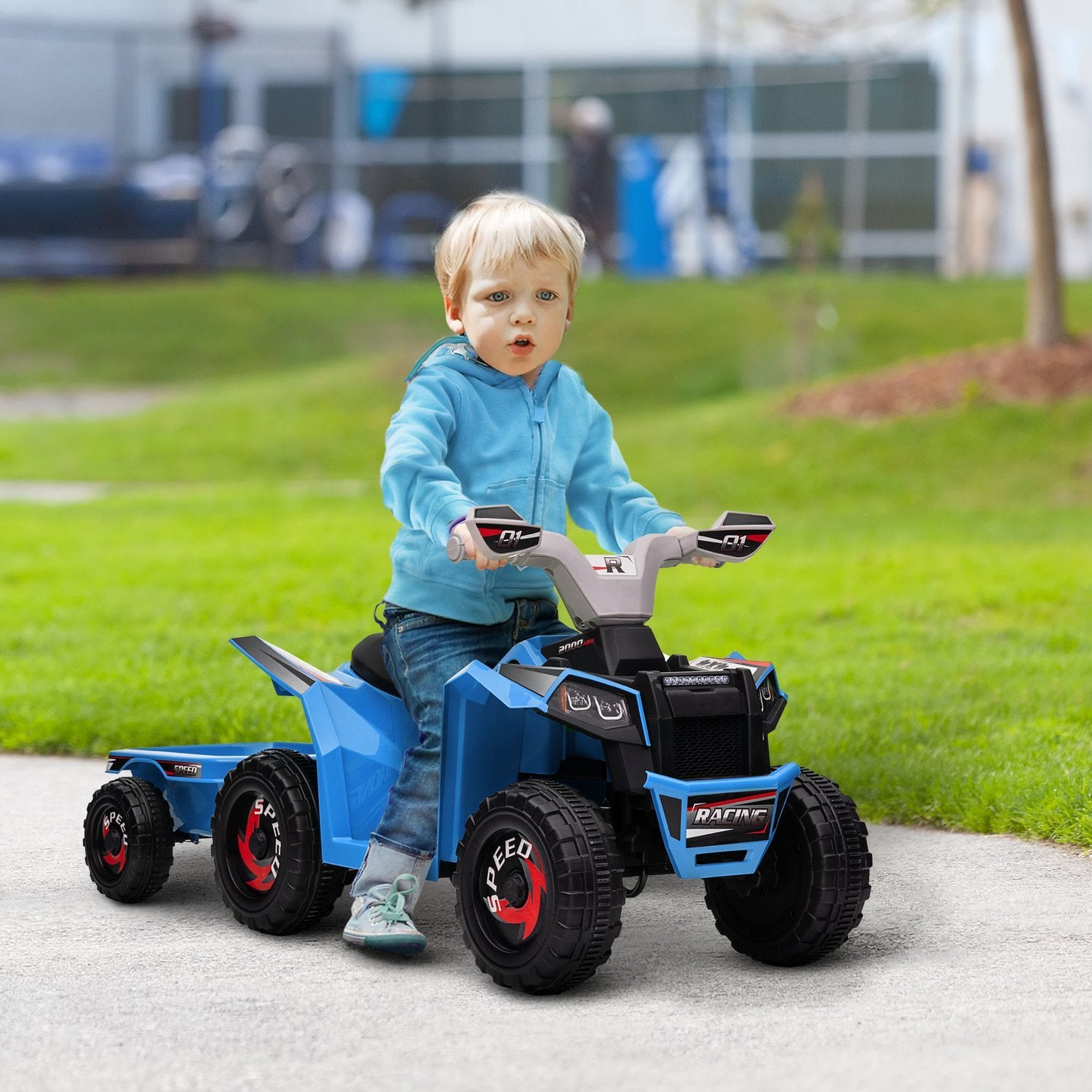 Barnfyrhjuling Barnelfyrhjuling, 6V Elbil Med Släp, Barnfordon För Barn 1,5-3 År, 2,5 Km/H, Metall, Blå