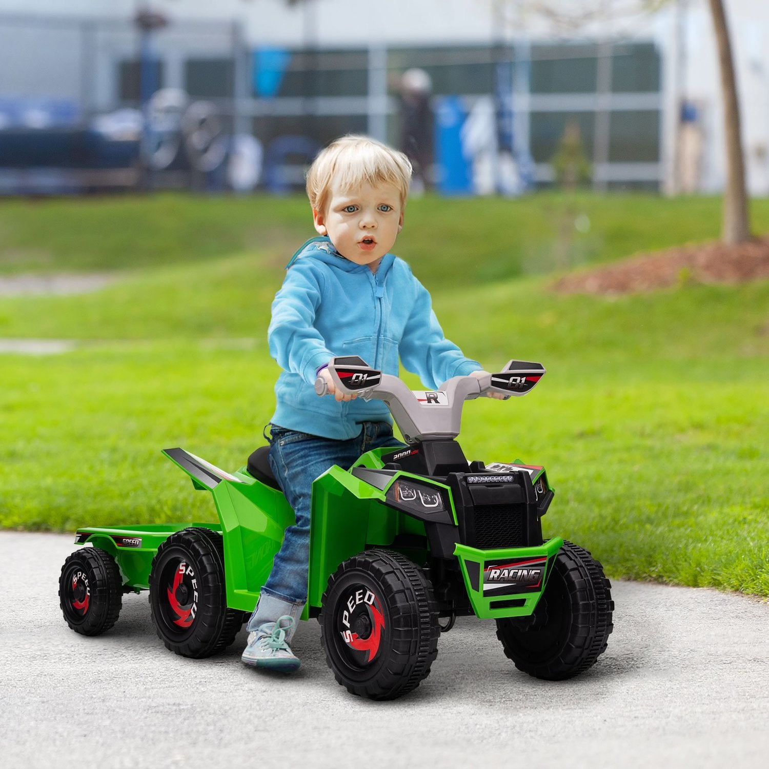 Barnfyrhjuling Barnelfyrhjuling, 6V Elbil Med Släp, Barnfordon För Barn 1,5-3 År, 2,5 Km/H, Metall, Grön